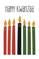 cartão feliz kwanzaa com sete longas velas kinara - vermelho, preto, verde decorado com diferentes ornamentos geométricos tribais. cartaz vertical simples bonito para kwanzaa americano africano vetor