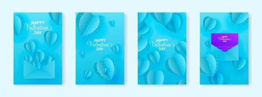 conjunto de cartazes de conceito de dia dos namorados. ilustração vetorial. corações de papel azul 3D com moldura no fundo. banners de venda de amor fofo ou cartões de felicitações. vetor