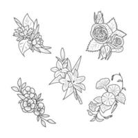 coleção de lindas flores florísticas e plantas silvestres desenhadas à mão com linhas de contorno pretas sobre fundo branco. pacote de elegantes decorações naturais. ilustração vetorial desenhada à mão vetor