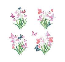 coleção de elementos florais com borboletas voadoras, roseira brava, folhas e miosótis, ilustração vetorial. vetor