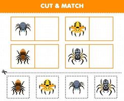 jogo de educação para crianças cortar e combinar a mesma imagem da planilha de bug para impressão de aranha de desenho animado fofo vetor