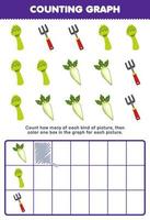 jogo de educação para crianças contar quantos ancinho de aspargos de rabanete bonito dos desenhos animados, em seguida, colorir a caixa na planilha de vegetais para impressão gráfica vetor