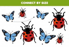 jogo educativo para crianças conectar-se pelo tamanho de uma linda borboleta de desenho animado e planilha de bug para impressão de joaninha vetor