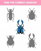 jogo de educação para crianças encontre o conjunto de sombras correto da planilha de bugs para impressão de besouro de desenho animado fofo vetor