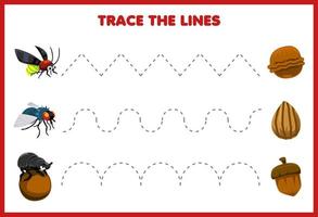 jogo de educação para crianças prática de caligrafia traçar as linhas com desenho bonito vaga-lume mosca e folha de bug imprimível de imagem de besouro vetor