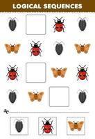 jogo de educação para crianças sequências lógicas para crianças com planilha de bug imprimível de piolho bonito dos desenhos animados joaninha mariposa vetor