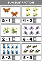 jogo de educação para crianças diversão subtração contando e eliminando bonito desenho animado mariposa libélula mantis aranha besouro vagalume planilha de bug imprimível vetor