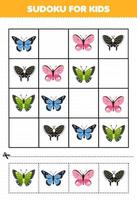 jogo de educação para crianças sudoku para crianças com planilha de bug para impressão de borboleta de desenho bonito vetor