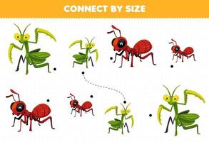 jogo educacional para crianças conectar pelo tamanho de mantis de desenho animado fofo e planilha de bug imprimível de formiga vetor