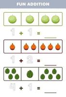 jogo de educação para adição divertida para crianças contando e rastreando o número de planilha de frutas para impressão de melancia de melancia de melancia de desenho animado fofo vetor