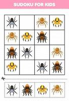 jogo de educação para crianças sudoku para crianças com planilha de bug para impressão de aranha de desenho animado bonito vetor