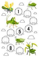 jogo de educação para completar a sequência de números com bonito desenho animado libélula pulgão gafanhoto e planilha de bug imprimível de imagem de louva-a-deus vetor