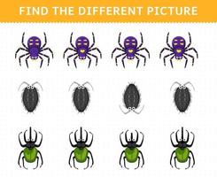 jogo de educação para crianças, encontre a imagem diferente em cada linha de planilha de bug imprimível de besouro de aranha de desenho animado fofo vetor