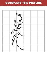 jogo de educação para crianças completa a imagem do meio esboço de formiga de desenho animado bonito para desenhar planilha de bug imprimível vetor