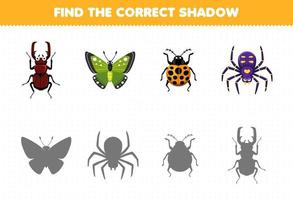 jogo de educação para crianças, encontre o conjunto de sombras correto da planilha de bug imprimível de borboleta de besouro bonito de desenho animado borboleta joaninha aranha vetor