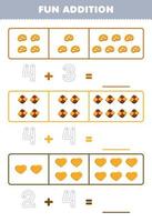 jogo de educação para crianças adição divertida contando e rastreando o número de planilha de comida para impressão de biscoito de desenho animado fofo vetor
