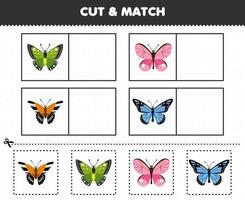 jogo de educação para crianças cortar e combinar a mesma imagem de planilha de bug para impressão de borboleta de desenho animado bonito vetor