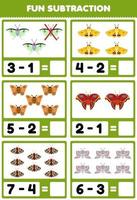 jogo educativo para crianças subtração divertida contando e eliminando planilha de bug para impressão de mariposa de desenho animado fofo vetor