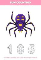 jogo de educação para crianças contar as fotos e colorir o número correto da planilha de bug imprimível de aranha de desenho animado bonito vetor