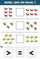 jogo de educação para crianças mais menos ou igual conte a quantidade de libélula de abelha formiga de desenho animado bonito e depois corte e cole a planilha de bug de sinal correto vetor
