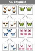jogo de educação para crianças divertidas contando imagens em cada caixa de planilha de bug para impressão de borboleta de desenho animado fofo vetor
