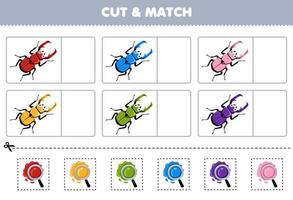 jogo de educação para crianças cortar e combinar a mesma cor da planilha de bug para impressão de besouro de desenho animado fofo vetor