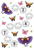jogo de educação para completar a sequência de números com planilha de bug para impressão de imagem de borboleta de desenho bonito vetor