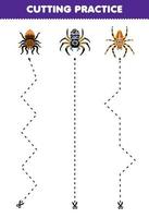 jogo de educação para crianças prática de corte com planilha de bug para impressão de aranha de desenho animado bonito vetor