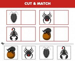 jogo de educação para crianças cortar e combinar a mesma imagem de desenho bonito piolho aranha escorpião besouro planilha de bug imprimível vetor