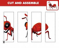jogo educacional para crianças cortando prática e montando quebra-cabeça com planilha de bug para impressão de formiga vermelha de desenho bonito vetor