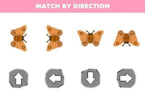 jogo de educação para crianças corresponder pela direção esquerda para a direita para cima ou para baixo orientação da planilha de bug imprimível de mariposa de desenho animado fofo vetor