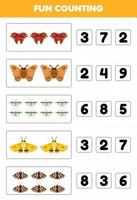 jogo de educação para crianças divertidas contando e escolhendo o número correto de planilha de bug para impressão de mariposa de desenho animado fofo vetor