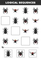 jogo de educação para crianças sequências lógicas para crianças com planilha de bug para impressão de mosca de aranha de besouro de desenho bonito vetor