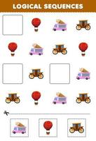 jogo de educação para crianças sequências lógicas para crianças com planilha de transporte para impressão de carrinho de sorvete de balão de desenho bonito vetor