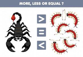jogo de educação para crianças mais menos ou igual conte a quantidade de escorpião de desenho animado e planilha de bug imprimível de centopéia