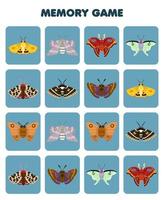 jogo de educação para a memória das crianças para encontrar imagens semelhantes de planilha de bug para impressão de mariposa de desenho animado fofo vetor
