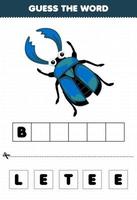 jogo de educação para crianças adivinhar as letras da palavra praticando da planilha de bug imprimível de besouro bonito dos desenhos animados vetor