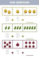 jogo de educação para crianças além de diversão contando e rastreando o número de planilha de frutas para impressão de figo de mamão durian bonito dos desenhos animados vetor