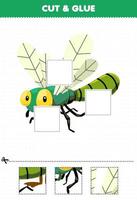 jogo de educação para crianças cortar e colar partes cortadas de libélulas fofas de desenho animado e colá-las planilha de bug imprimível vetor