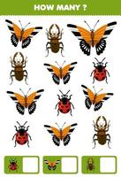 jogo de educação para crianças procurando e contando quantos objetos de desenho bonito joaninha borboleta besouro planilha de bug imprimível vetor