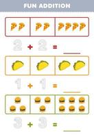 jogo de educação para adição divertida para crianças contando e rastreando o número de planilha de comida para impressão de hambúrguer de pizza de taco bonito dos desenhos animados vetor