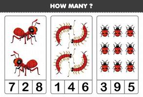 jogo de educação para crianças contando quantos desenhos fofos formiga centopéia joaninha folha de trabalho imprimível vetor
