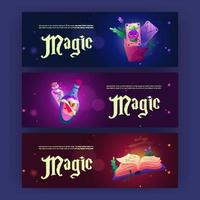 cartazes mágicos com elixir, cartas e livro de feitiço vetor
