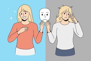 jovem segura máscara mostra emoções diferentes sofrem de transtorno bipolar. menina infeliz e sorridente luta com doença mental. psicologia, conceito de problema de saúde. ilustração vetorial. vetor