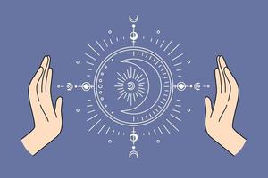 conceito de sistema de signo de astrologia da lua. mãos humanas e sistema de sinais orientais da lua entre eles sobre ilustração vetorial de fundo azul vetor