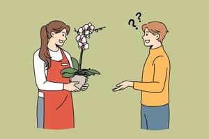 comunicação no conceito de loja de flores. cliente cliente jovem de pé e perguntando a florista sobre planta em ilustração vetorial de pote vetor