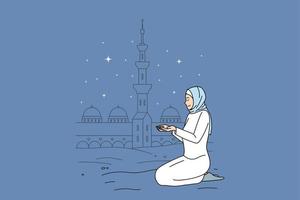 mulher muçulmana em roupas de tradição reza perto da mesquita. menina islâmica religiosa em hijab com as mãos em oração mostram fé e religião. ramadan kareem, conceito de tradição. ilustração vetorial plana. vetor