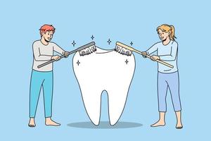 pessoas que usam escovas de dentes limpando dente gigante cuidam da higiene bucal. homem e mulher limpam os dentes da escova. proteção contra cárie. higiene bucal, conceito de tratamento odontológico. ilustração vetorial plana. vetor