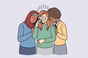 mão amiga e conceito de amizade de raça mista. meninas árabes e africanas em pé abraçando e apoiando a ilustração vetorial de amigo caucasiano chorando deprimido vetor