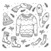 roupas de moda de inverno desenhadas à mão com coloração doodle vetor